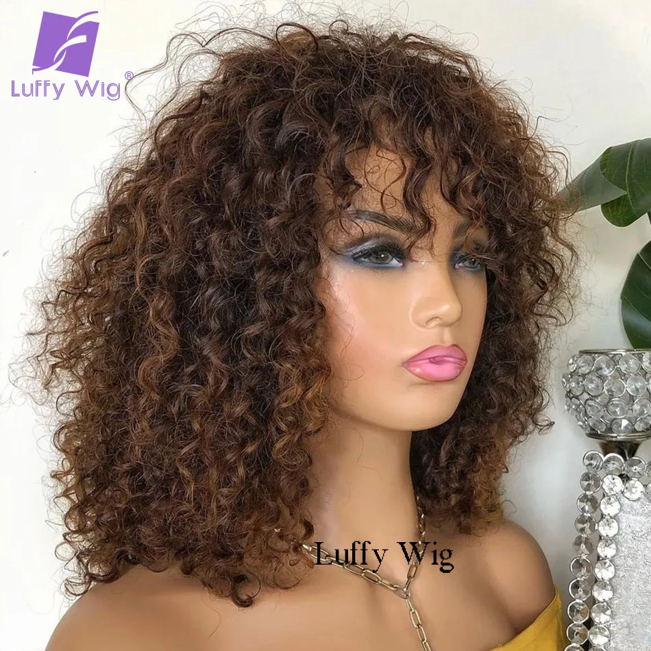 

Short Curly Bob Wigs Human Hair Brazilian Remy Hair Glueless Wig With Bangs Ready to Wear Dark Brown Color For Black Women Luffy