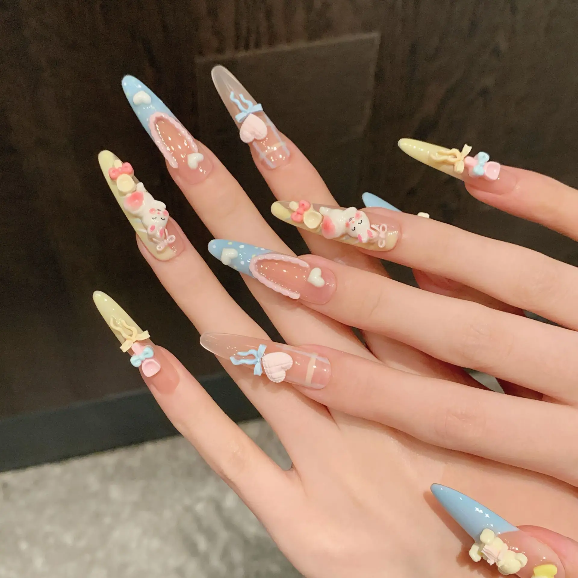 10pcs Cute Bear Rabbit Press On Nails Blue Yellow Macaron French Tip Handmade Fake Nails Blush Long Almond Bowknots False Nail view 2