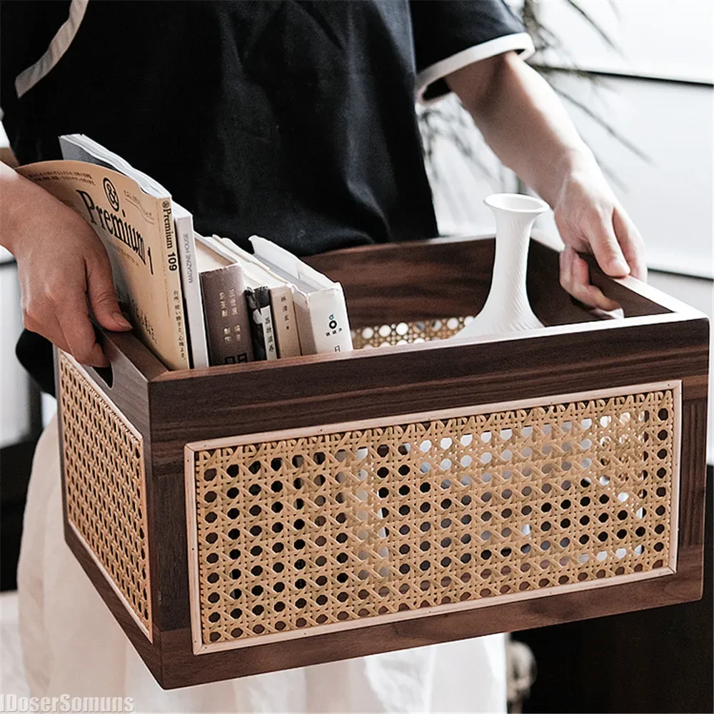 Woven Deluxe Desktop Solid Wood Storage Box Vintage Walnut Rattan Basket Books Snacks Cosmetic Flatware Organizer