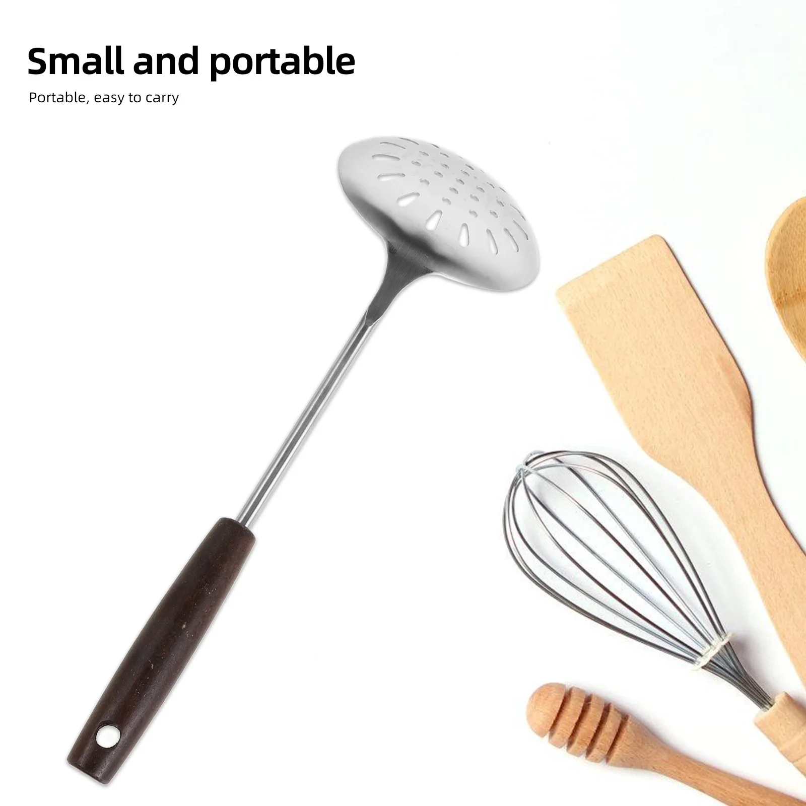 

Wooden Handle Slotted Spoon Stainless Steel Perforated Cooking Tool Drainage Kitchen Utensil For Asian Wok Household