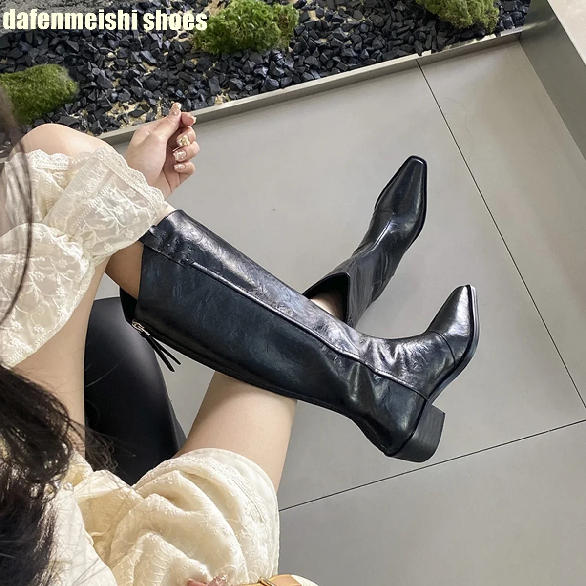 

Ретро-ковбойские сапоги с квадратным носком на толстом каблуке для женщин, новинка 2025 года, из натуральной кожи, коричневые, высокие, с молнией сзади