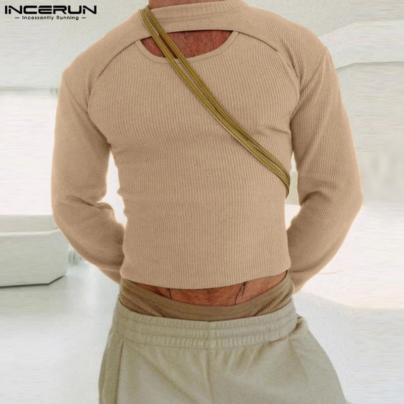 INCERUN Men Pullovers Solid Color Round Neck Autumn Streetwear Long Sleeve Hollow Out Jumper Striped Irregular Layering Sweaters