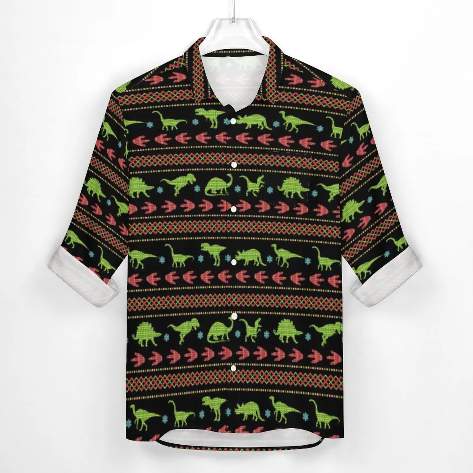 Christmas Dinosaurs Shirt Spring Knit Embroidered Print Casual Shirts Male Fashion Blouses Long Sleeve Custom Aesthetic 3XL 4XL