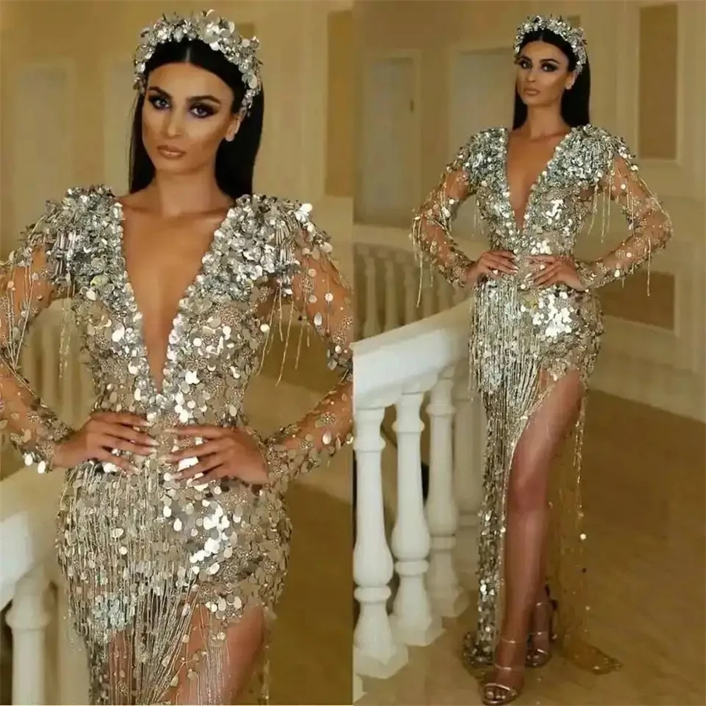 Silver Beads Hand-sewn Prom Dress With Illusion Long Sleeve