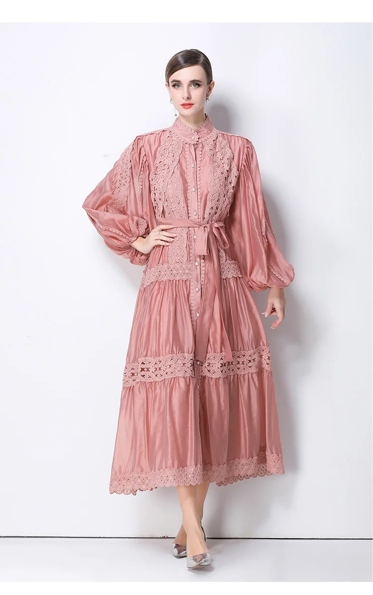 

2025 Spring Boho Women Maxi Dress Female Stand Embroidery White Lace Belt long Tunic Beach Dress Vacation Holiday Women Clothing