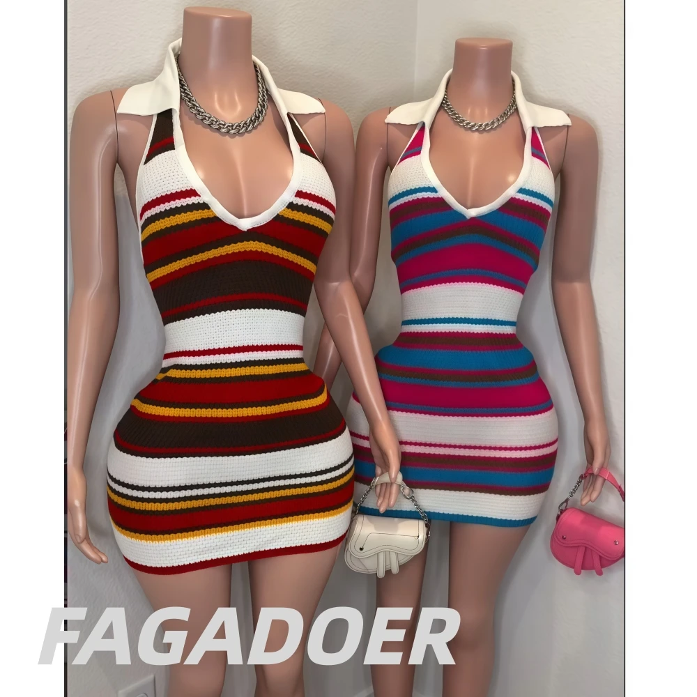 

FAGADOER Spring Summer New Fashion Rainbow Knit Dress Women Halter Striped Patchwork Bodycon Dresses Female Streetwear Vestidos