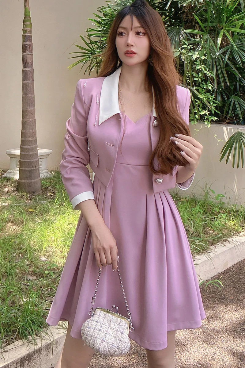 Dabuwawa Two Pieces Suit Patchwork Jacket Sweetheart Neck Dress Vintage Autumn 2023 Women Beading Pleated A-Line SkirtDM1CSE017