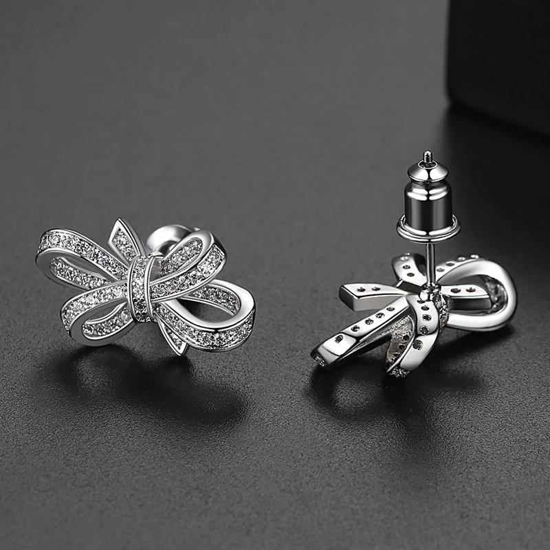 LUOTEEMI Romantic Bow-knot AAA Clear Cubic Zircon Stud Earrings for Women Bridals Wedding Cute Jewelry Fashion Christmas Gift