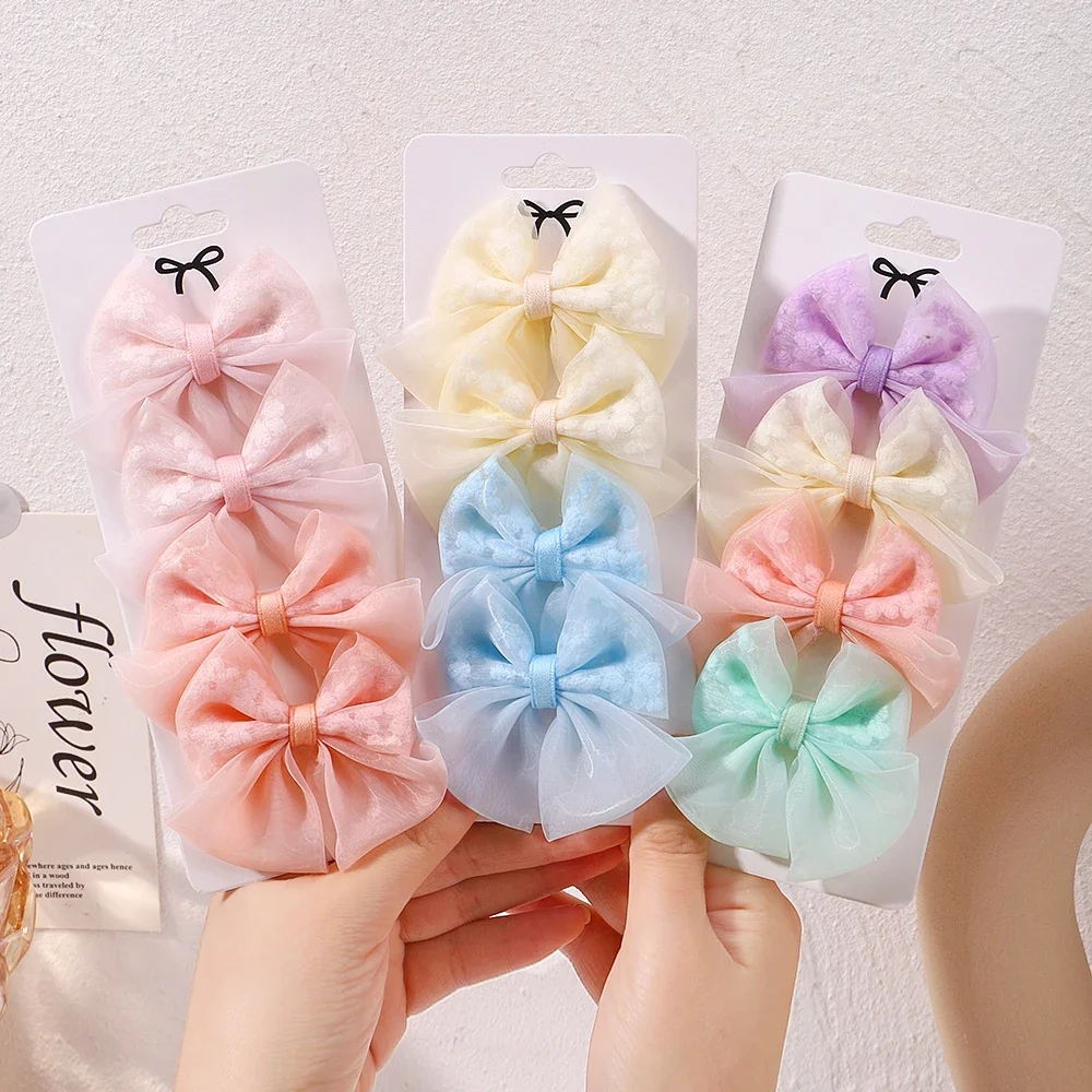 4Pcs/set Princess Cheer Bowknot Hair Clips for Girl Sweet  Gauze Handmade Hairpins Children Hairgripes Delicate Kids Headwear