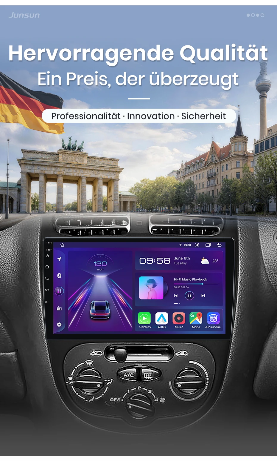 Junsun 9-Zoll Android 15 Autoradio für Peugeot 206 206CC 206SW 2000-2008, kabelloses Apple CarPlay, Auto-IPS-Bildschirm, Stereo-Multimedia-Videoplayer, intelligente Fahrzeugsysteme, 2-DIN-Autoradio-Haupteinheit, GPS-Navigation, BT, 4G, WLAN, FM, AM, DSP, RDS, SWC, DAB+ – Detail 2