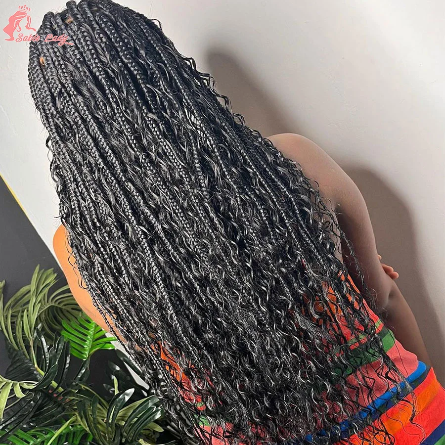 Goddess Synthetic Boho Braided Wig Full Lace Wigs Cornrows Braids With Curly End Long 32inch Bohemian Knotless Box Braids Wig