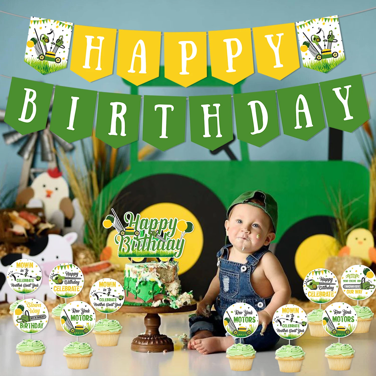 Imagem -03 - Lawnmower Birthday Party Decor para Meninos Fundo do Cortador Banner Feliz Aniversário Trator Cupcake Toppers Fontes do Partido Temático Fazenda