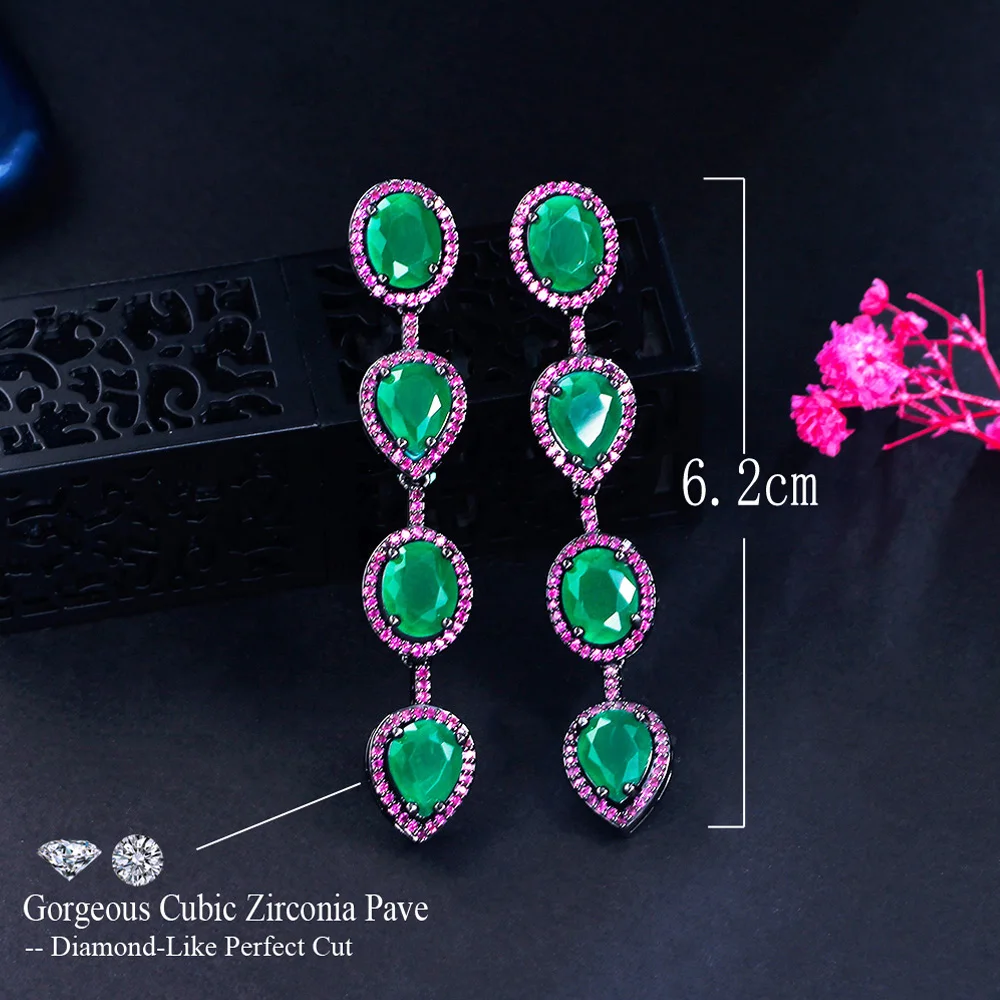 Pera Dignified Oval Cubic Zirconia Long Emerald Green Red Water Drop Dangle Earrings Evening Party Dress Jewelry for Ladies E955