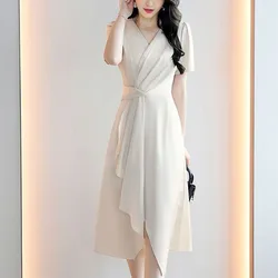 Summer New High End Slim Dress Women Solid Patchwork Zipper V-neck Asymmetric Unique Fashion Chic Elegant A-line Dresses 2024