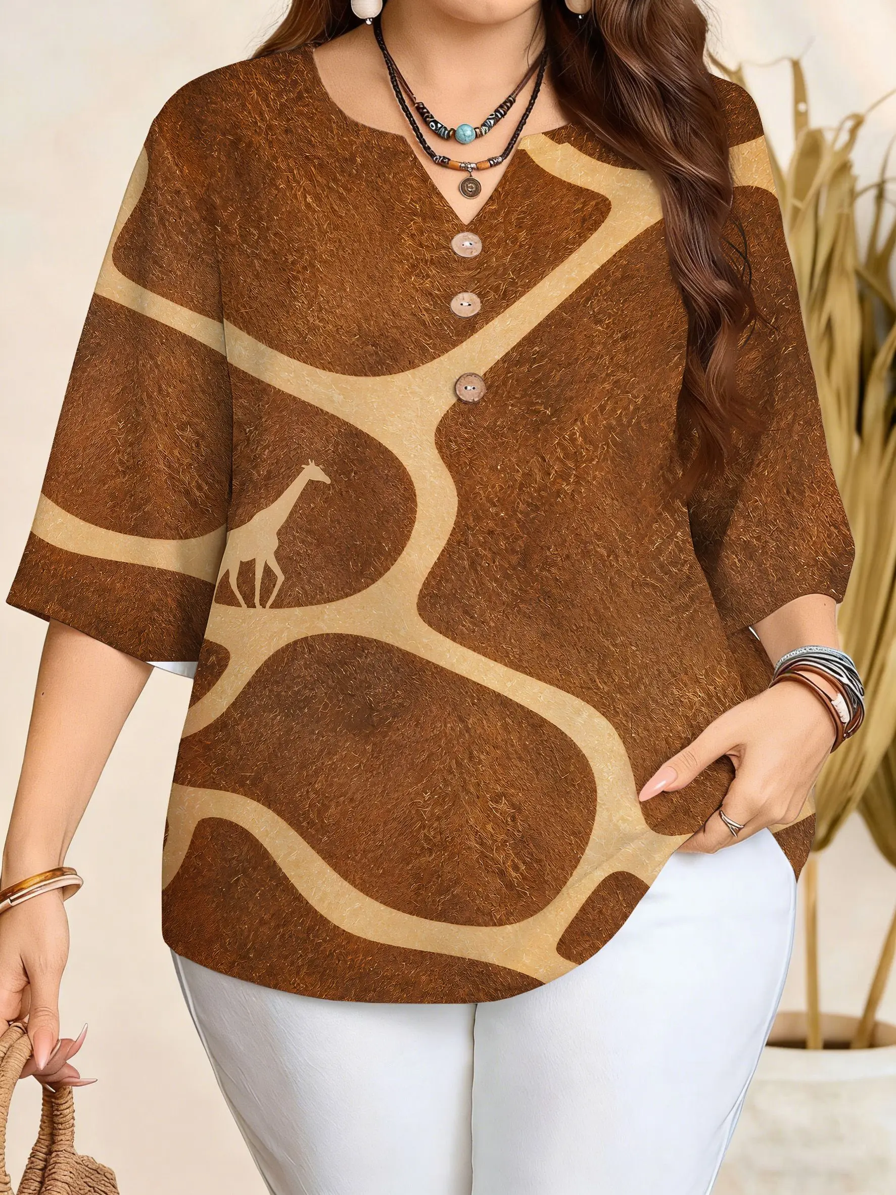 Plus Size Women African Giraffe Print Blouse Notched V‑Neck 3/4 Sleeve Buttons Loose Bohemian Casual Daily Top