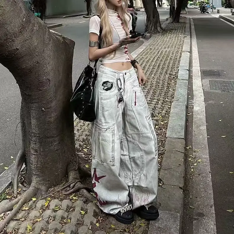 

Subculture Harajuku Брюки с карманами на молнии Американские повседневные широкие джинсы в стиле ретро в стиле гранж Модные джинсовые брюки в уличном стиле Y2k