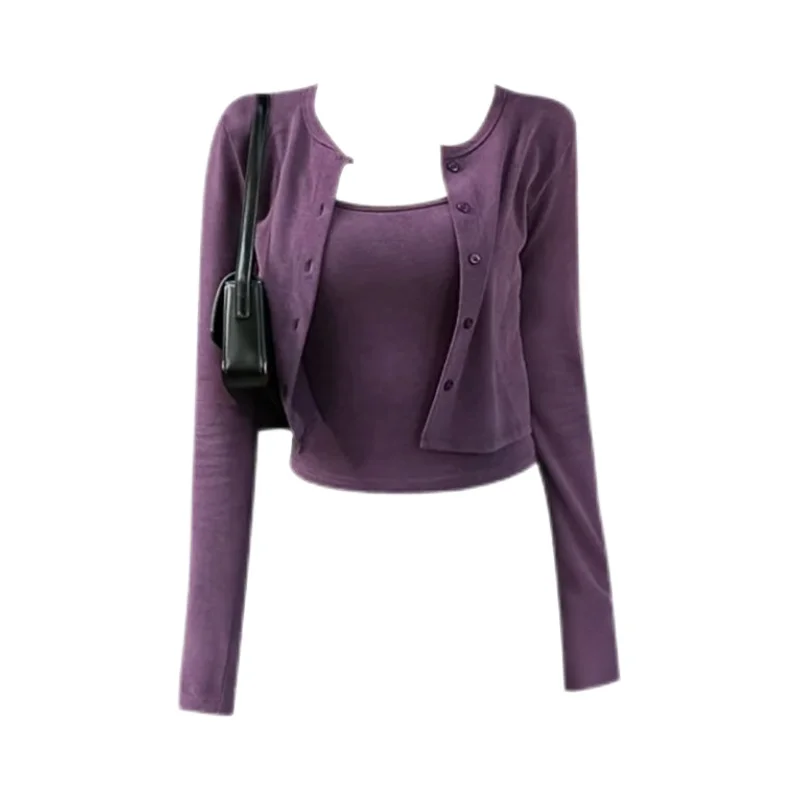 Retro Hong Kong Style Chic Purple Strap Outerwear Cardigan Two-Piece Set Women's Spring Fashion Casual Slimming Top