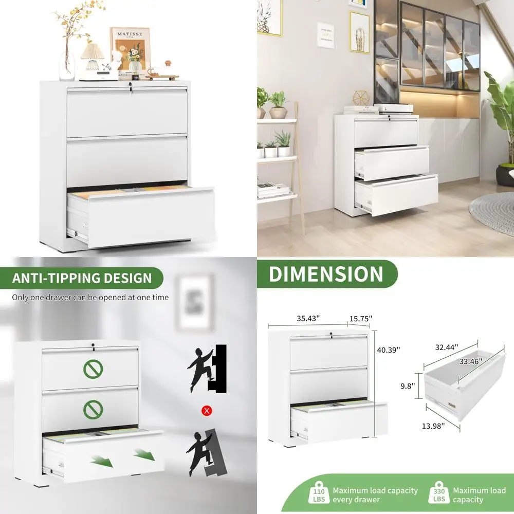 خزائن الملفات الجانبية المعدنية مع قفل، 3 خزائن الملفات ذات الأدراج للمكتب المنزلي، خزائن تخزين منظمة الملفات الواسعة من الفولاذ