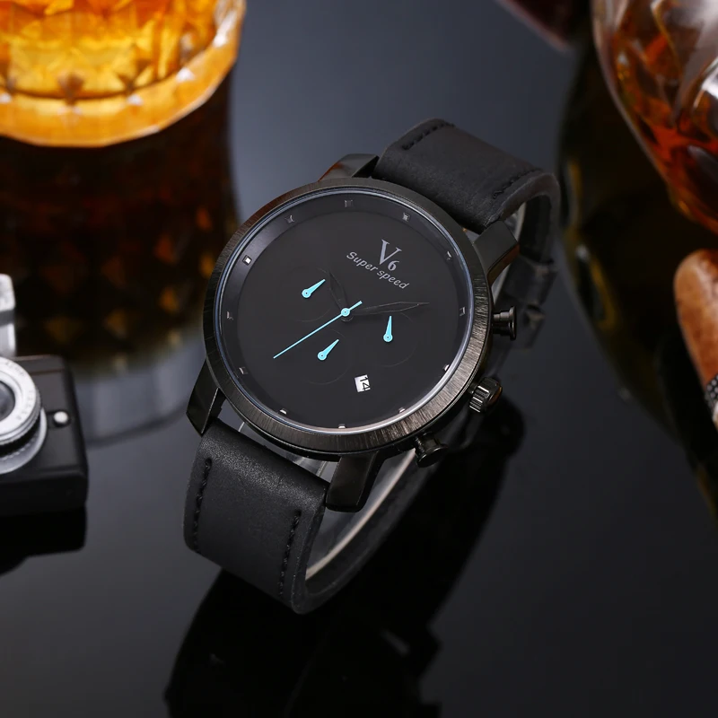 Relógio de quartzo personalizado masculino, display analógico, marrom, preto, pulseira de couro, relógio de pulso masculino, data, moda casual, V6, L176