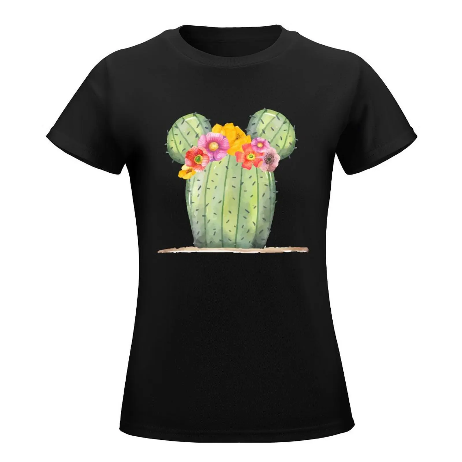 Mouse Cactus with Floral Crown T-Shirt summer tops tees woman t shirt