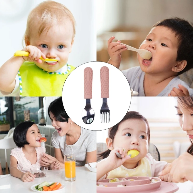 2pcs Spoon Fork with Silicone Holding Learning to Eat Cutlery Toddler Utensils