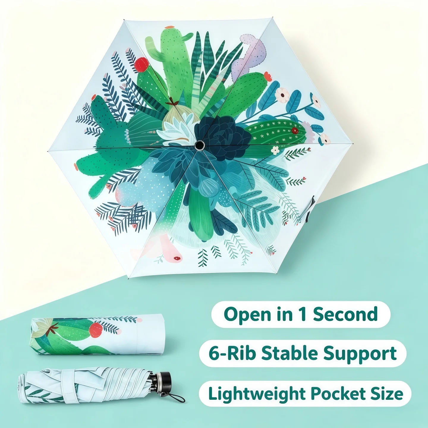 Summer Sale 6-Rib Folding Umbrella Silver Coating Ultra Light Portable Succulent Print for Women Outdoor Shopping Daily Use