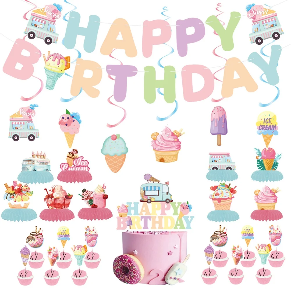 Ice Cream Themed Birthday Party Decorations，Sweet Happy Birthday Banner, Summer Popsicle Hanging Swirls & Cake Toppers