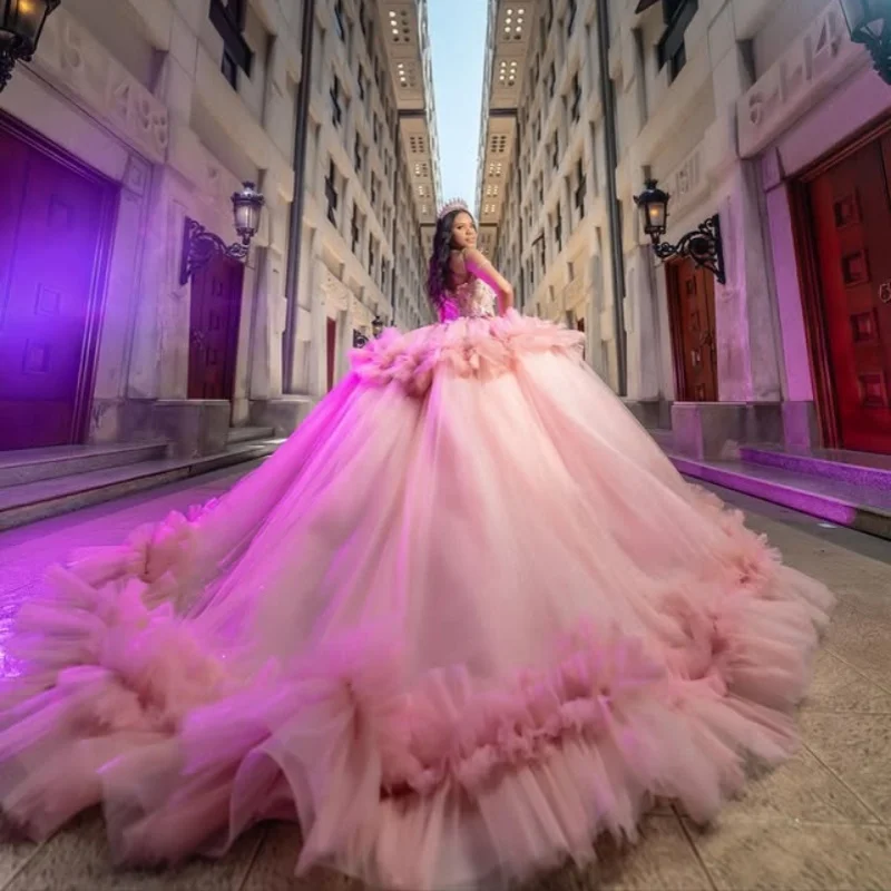 Pink Quinceanera Dress Lace layering ruffle off-shoulder Tull crystal flower decal vestidos de 15 Quinceanera ﻿Customized