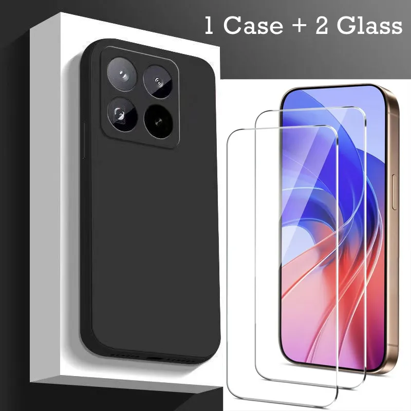 [1 Silikonhülle + 2 Stück HD-Glas-Displayschutzfolie] Quadratische Handyhülle für Xiaomi 15T 14T Pro Mi Interne Beflockung Soft Cover