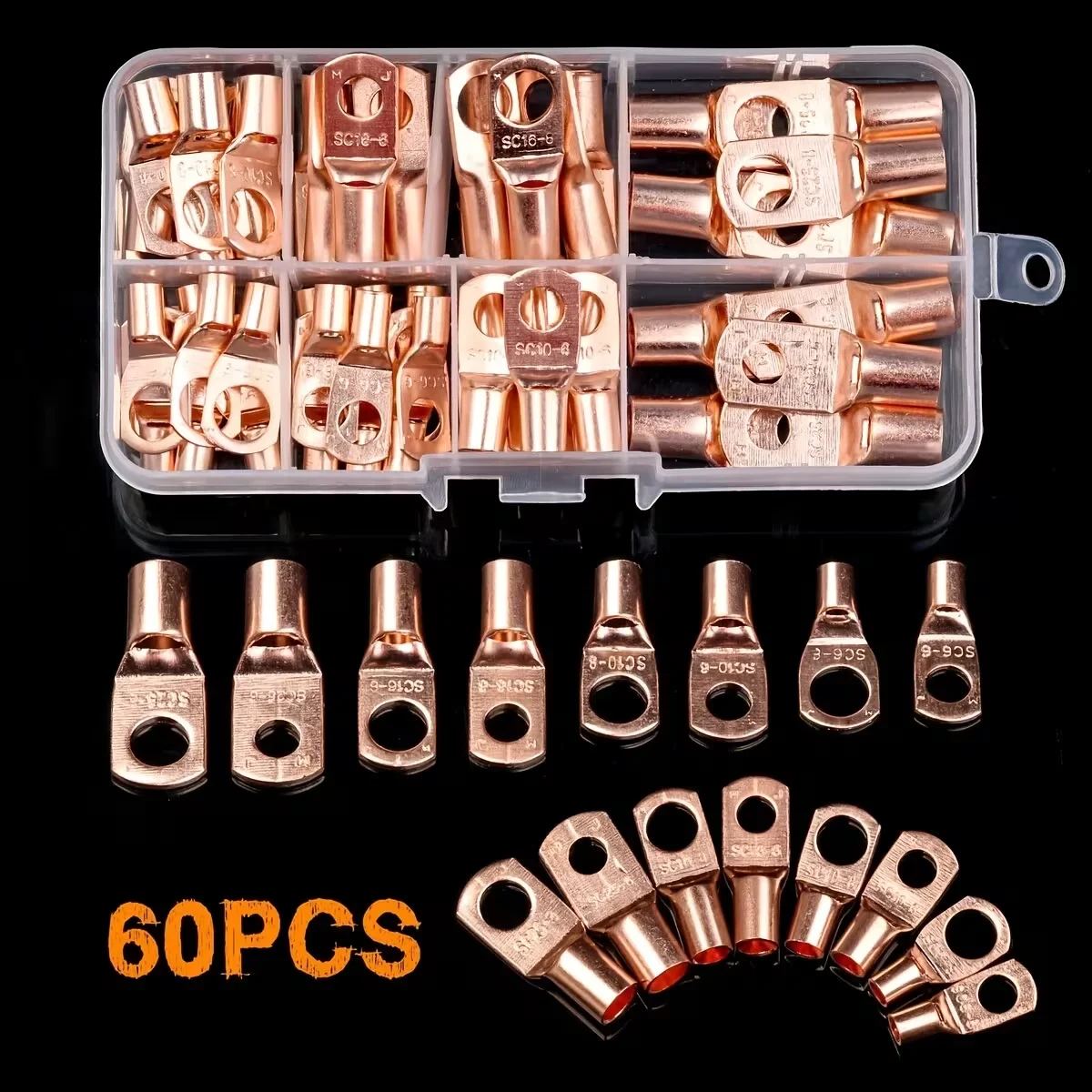 

60PCS SC6-25 Copper Ring Terminal Kit - Non-Insulated Brass Crimp Terminals for Automotive Solar Electrical Splices