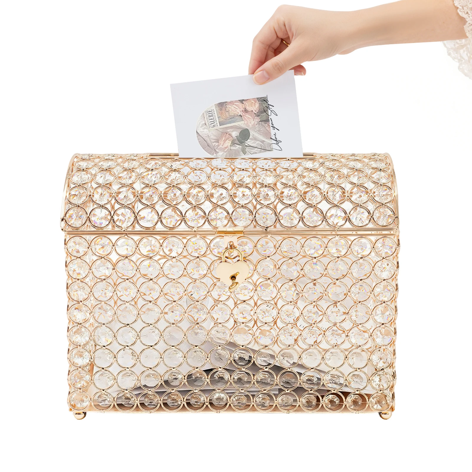 Gold Electroplated Crystal Wedding Card Box With Heart Lock, Iron Glass Steel 311625cm Tabletop Storage Accessories, Four Stabilizing Steel Feet Anti-slip Base Lockable Heart Key Hardware