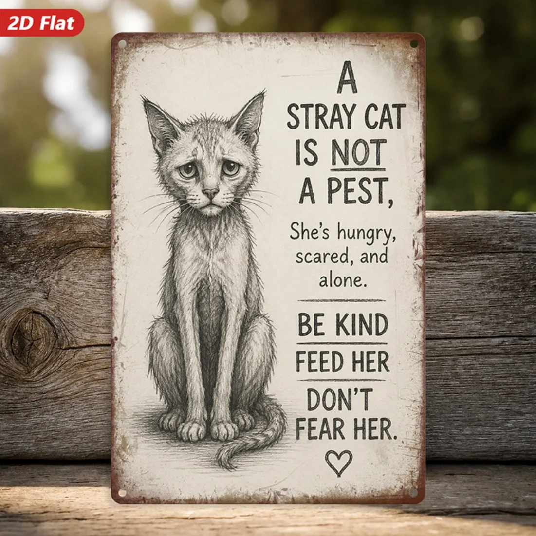 Stray Cat Kindness Metal Sign Wall Art, Rescue Message Quote, Fine Sketch Lines & Sad Gentle Eyes Cat Print,Decor for Bedroom.