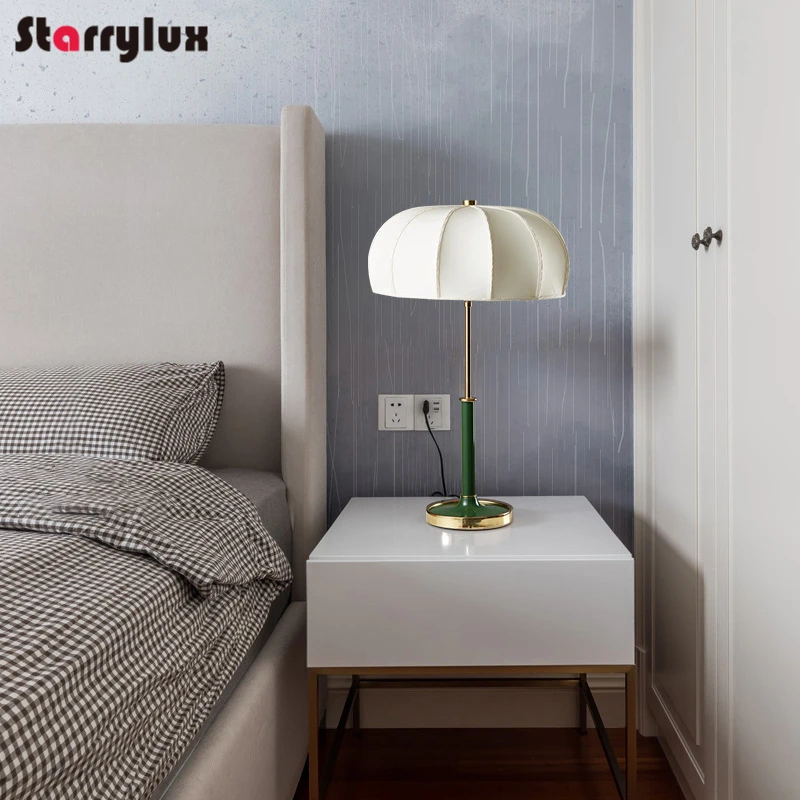 

Vintage Mid-Century Modern Table Lamp - Fabric & Metal Bedside Lamp for Living Room, Study, Bedroom Lighting Decor
