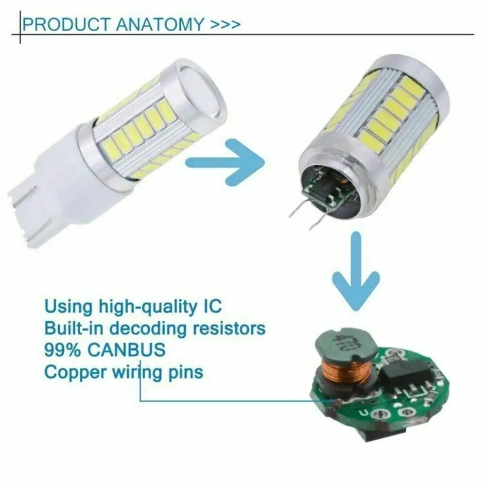 2X T20 7443 582 W21W BRIGHT WHITE 33 LED SMD REVERSE DRL LIGHT BULBS 6000K WEDGE 7443 BASE