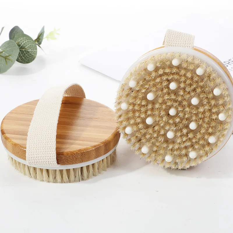 Wet Dry Skin Body Brush Natural Pig Bristles Dry Skin Exfoliating Body Massage Cleaning SPA Tool for Cellulite Lymphatic Drainag