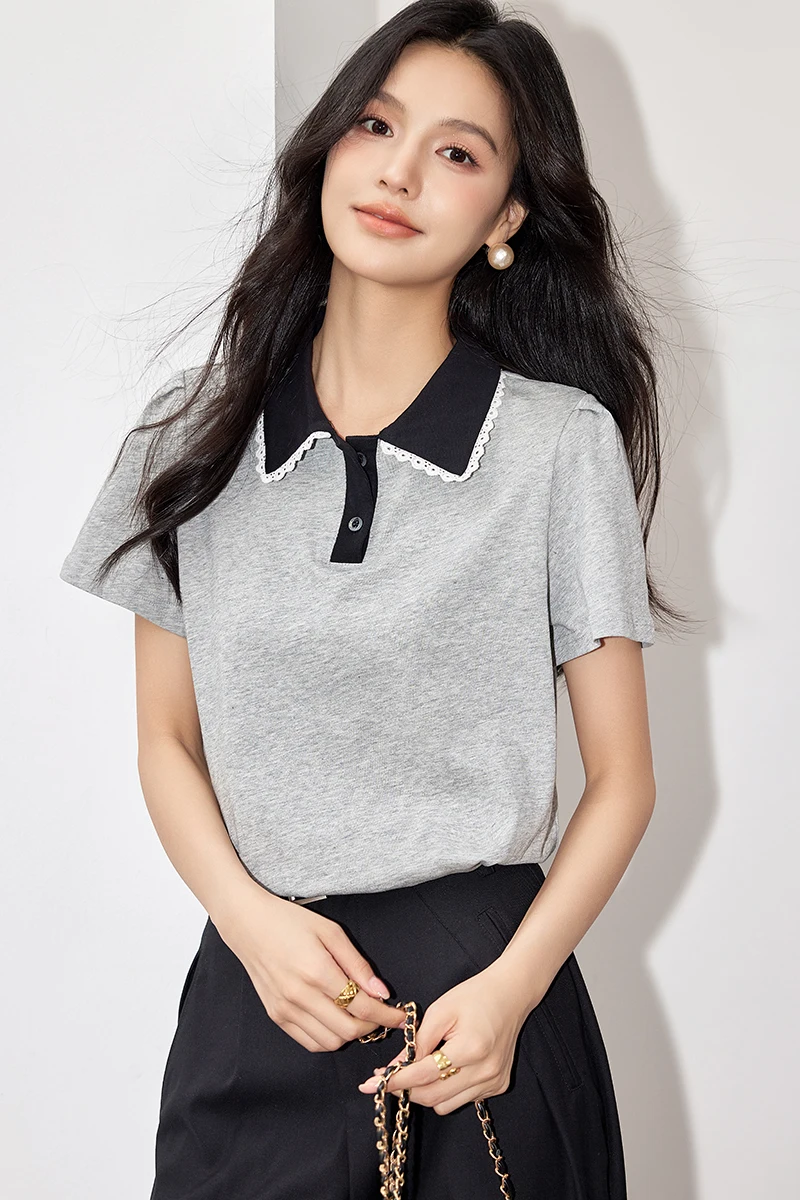 2024 Summer New Polo Collar Short Sleeve Women's T-shirts Female Fashion Gray Patchowrk Loose Cotton Tees Ladies Casual Tops Y2k