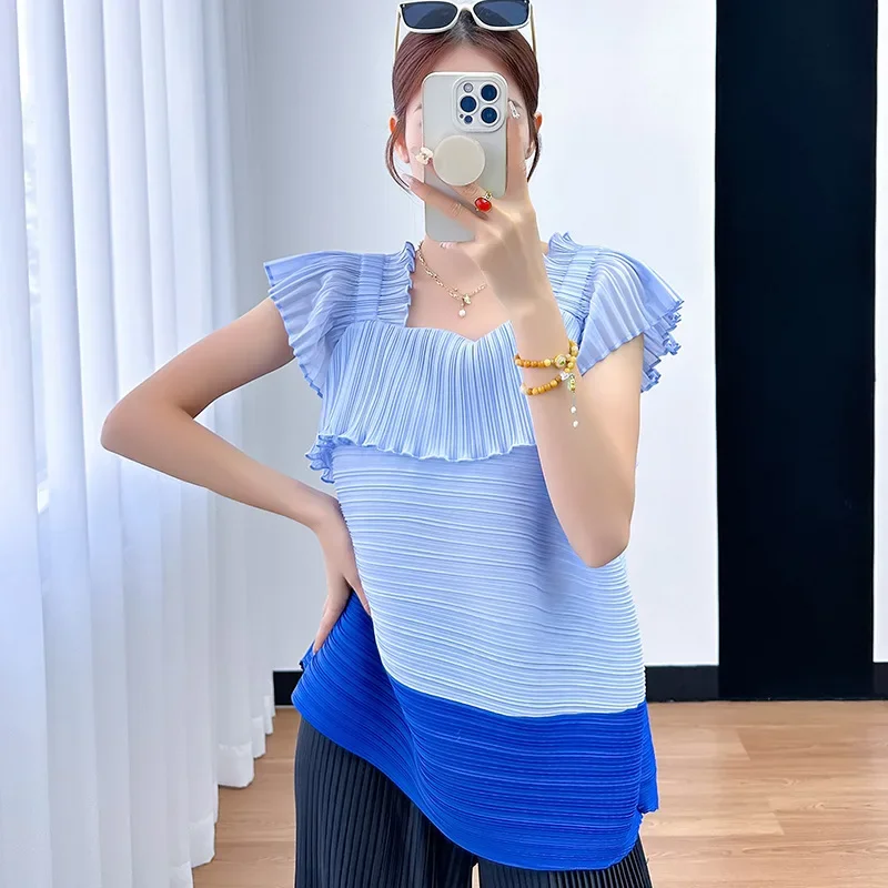 Miyake Pleated Top Women's 2024 Summer Fungus Edge Square Neck Flying Sleeve Pleated Vest Fresh, Sweet and Comfortable T-shirt