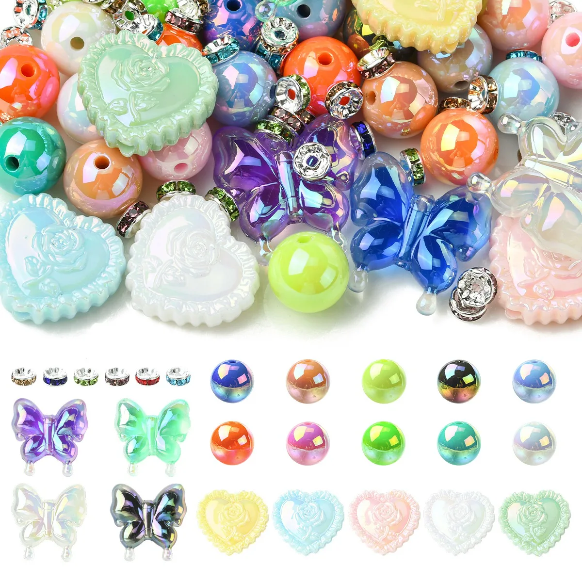

80Pcs Mixed DIY Beads Kit - UV Plated Rainbow Acrylic + Grade A Rhinestone Spacer Beads for Keychain Beaded Pen Phone Charm