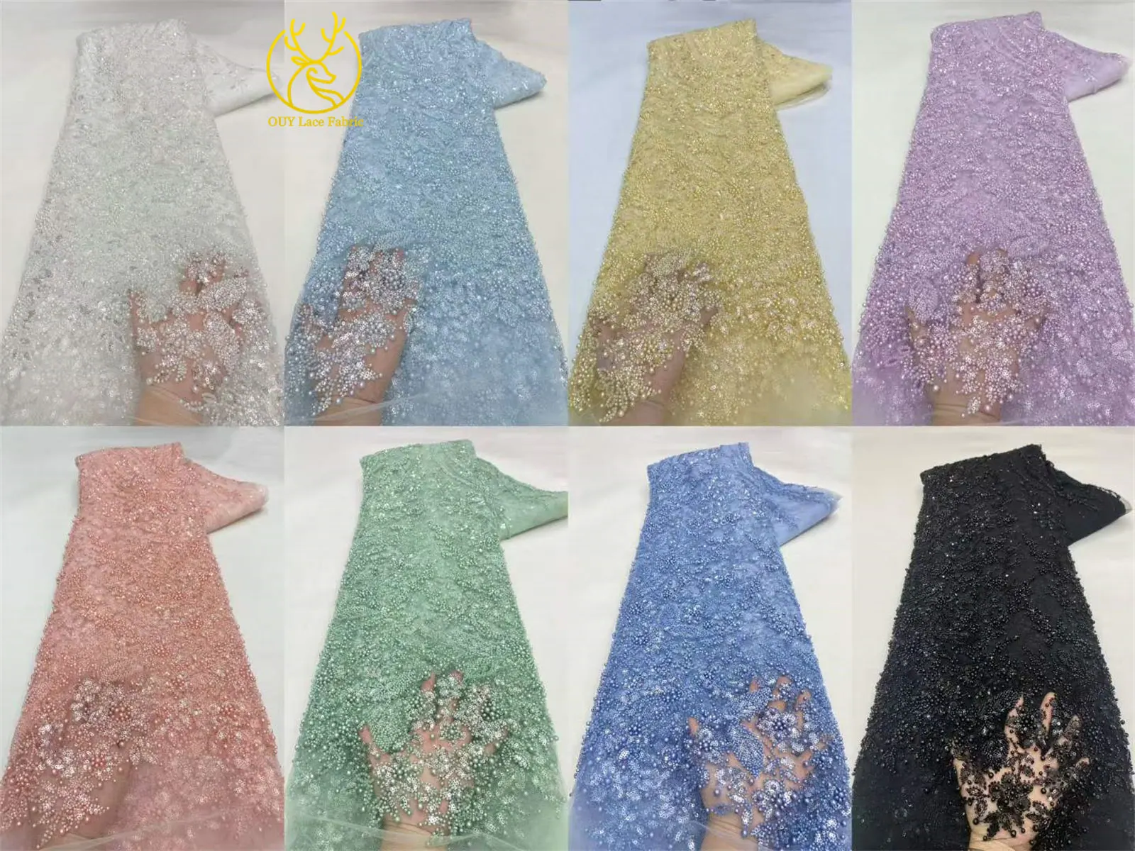 Afrikanischer handgefertigter bestickter Pailletten-Spitzenstoff, blauer französischer Tüll-Mesh-Spitzenstoff, nigerianischer Bankettkleiderstoff – Detail 4