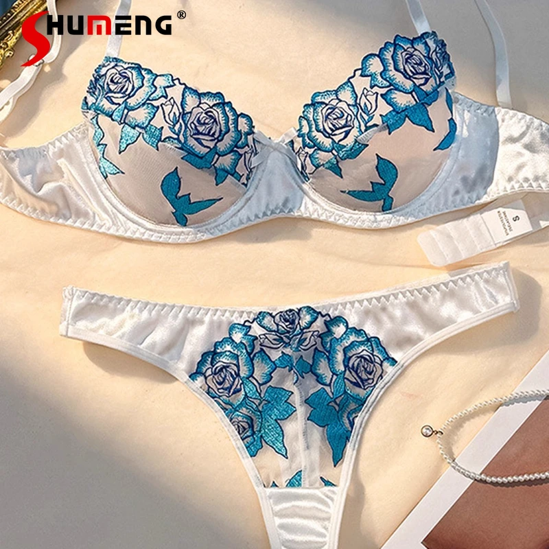 French Sexy Lingerie Outfits for Women Pure Embroidered Blue Floral Bra Set Female Underwire Push Up Ultra Thin Brief Suits