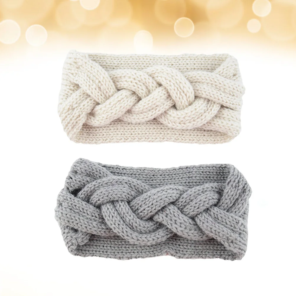 2 قطعة عمامة الكروشيه الدافئة عقال السائبة الموهير محبوك عبر عقدة الأذن أدفأ الشتاء رئيس التفاف هيرباند البيج الرمادي