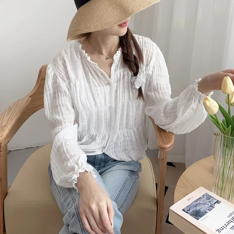 

Romantic Sweet Original Long Sve irt Women's Blouse with ter Ne Ruffle Design Commute Sle Polyester Fiber Pure Color