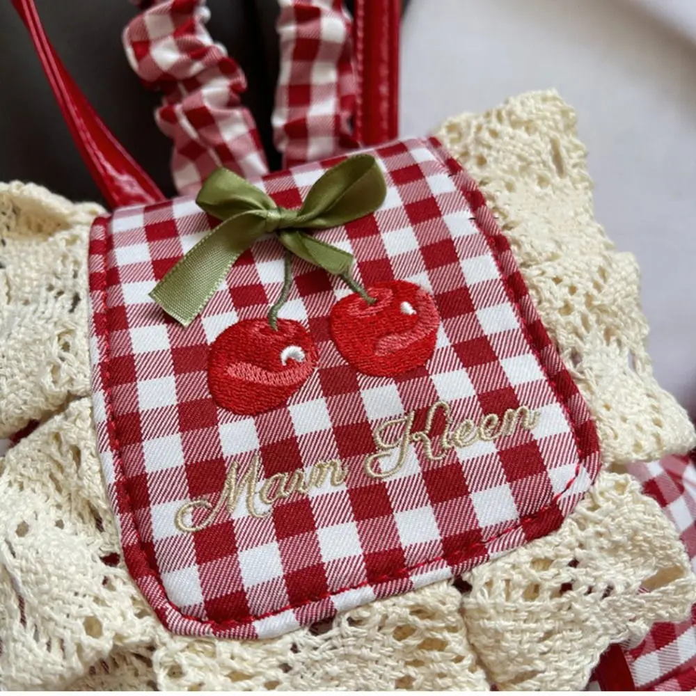Mochila a cuadros de encaje de estilo coreano a la moda, mochila de viaje para ir al trabajo con cereza, bolso de lona para libros, bolso de hombro con lazo para verano