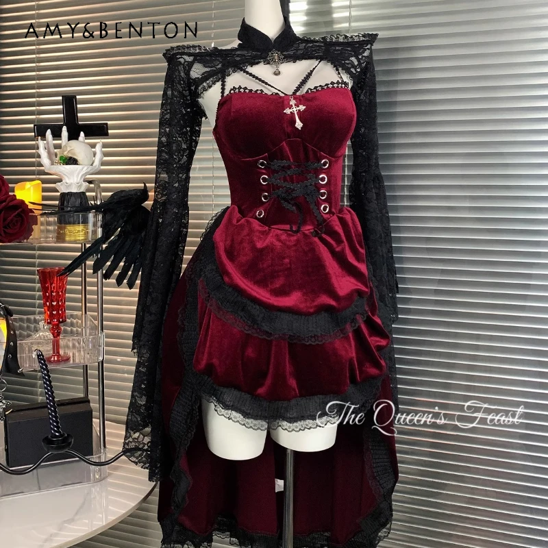 

Original Design Black Red Splicing Women's Dress 2025 New Goth Velvet Trailing Irregular Thin Sexy Sweet Cool Dresses Ladies