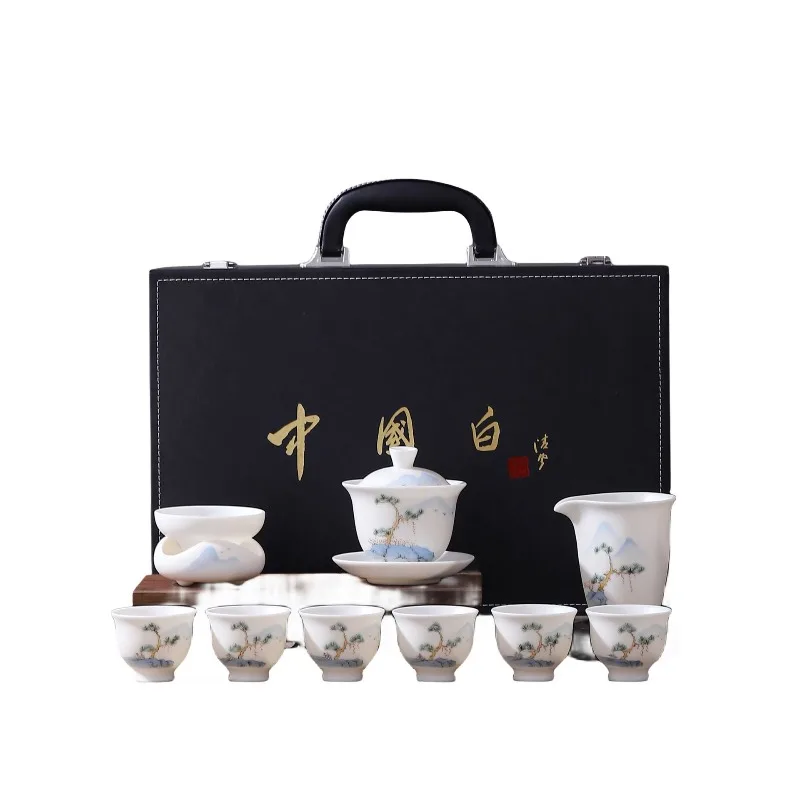 

Hand-painted suet jade porcelain Kung Fu tea set, plain-fired white porcelain Guochao ,