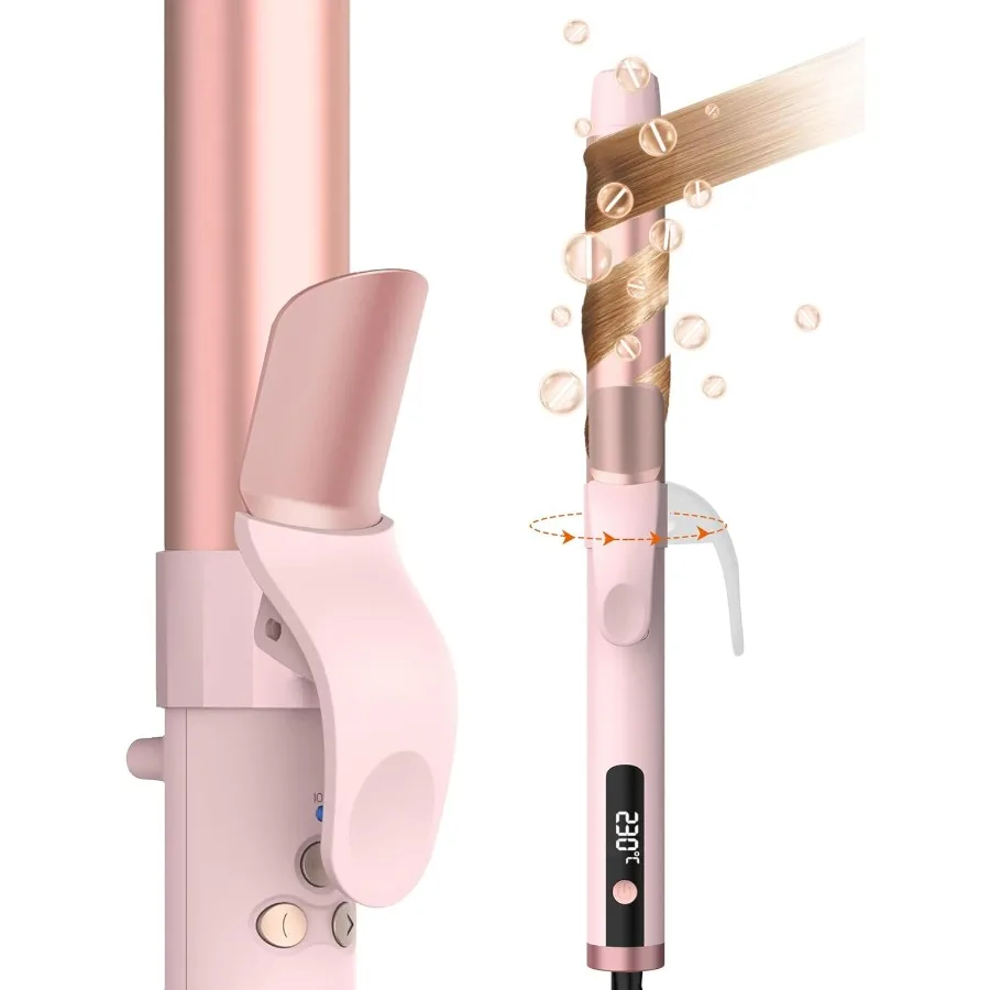 

1 1/4 Inch Rotating Curling Iron for Long Hair Pink Dual Voltage Waver Tool Effortless Waves Self-Adjusting Curling Iron