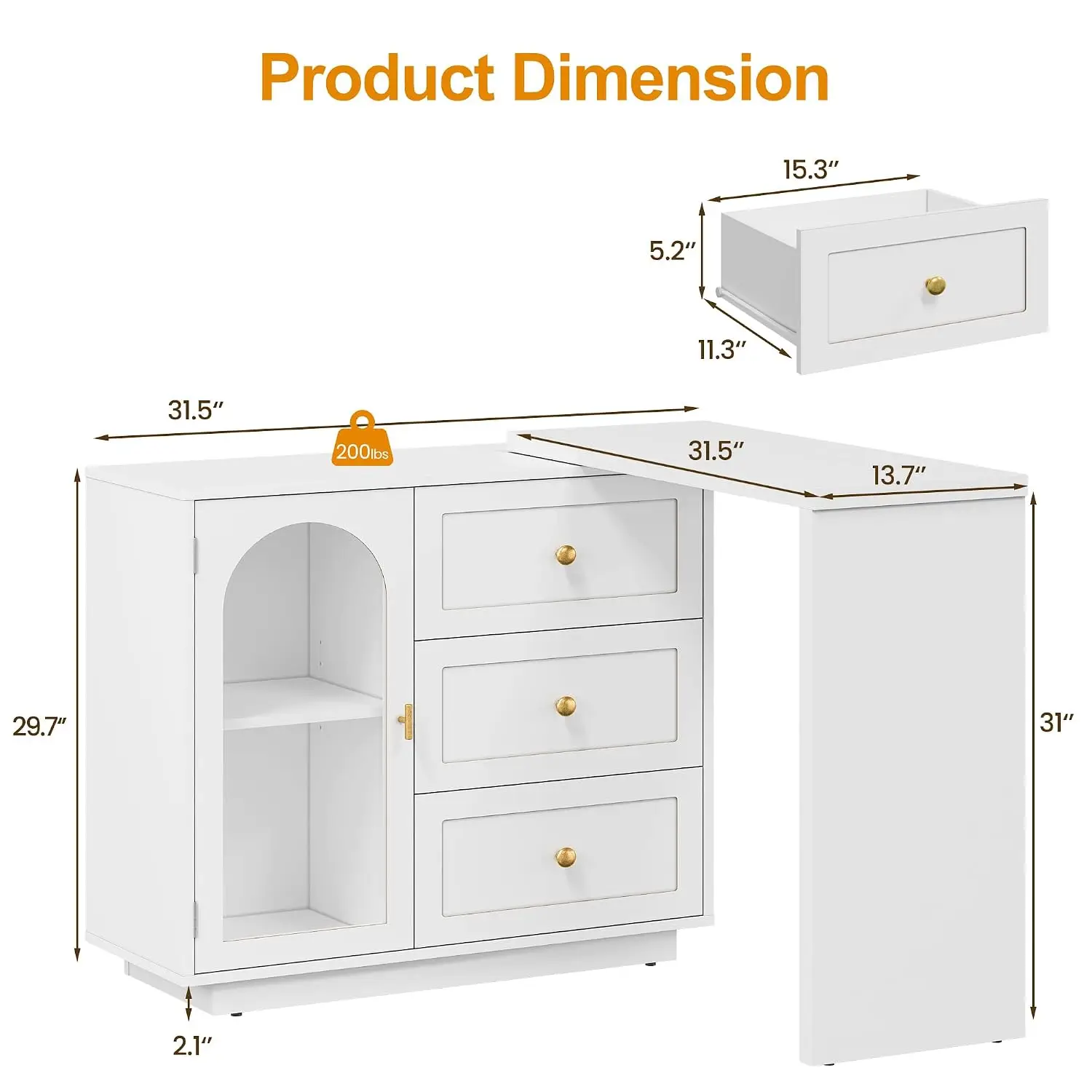 L Shaped Home Office Desk, Extendable & Rotatable Corner Desk with 3 Drawers & Door, Study Table for Bedroom, White, Customized