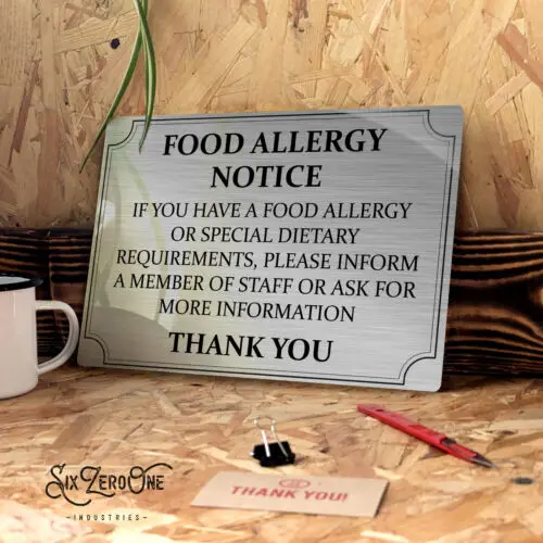 FOOD ALLERGY Metal Sign - Brushed SIlver Aluminium Pub Cafe Catering Rules Eat-Aluminum