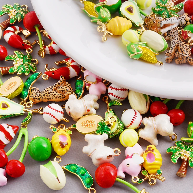 

8pcs/Lot Exquisite And Lovely Cherry/Clownfish/Lobster/Corn/Pistachio/Coconut/Pea Alloy Charm Pendant Diy Jewelry Making Crafts