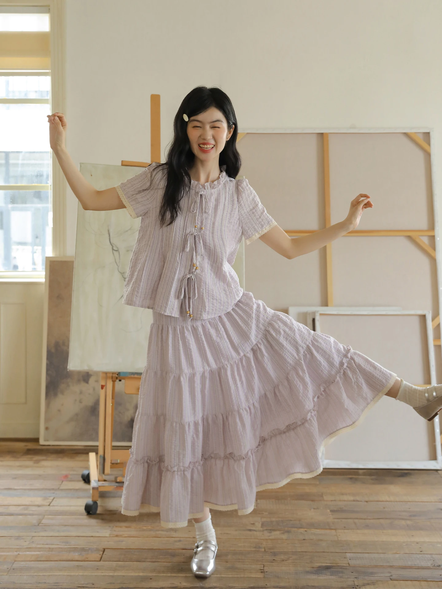 

Женский летний винтажный комплект из хлопка и льна Nesoulum: юбка и топ с бантом на талии и фиолетовыми полосками, модный комплект из двух предметов